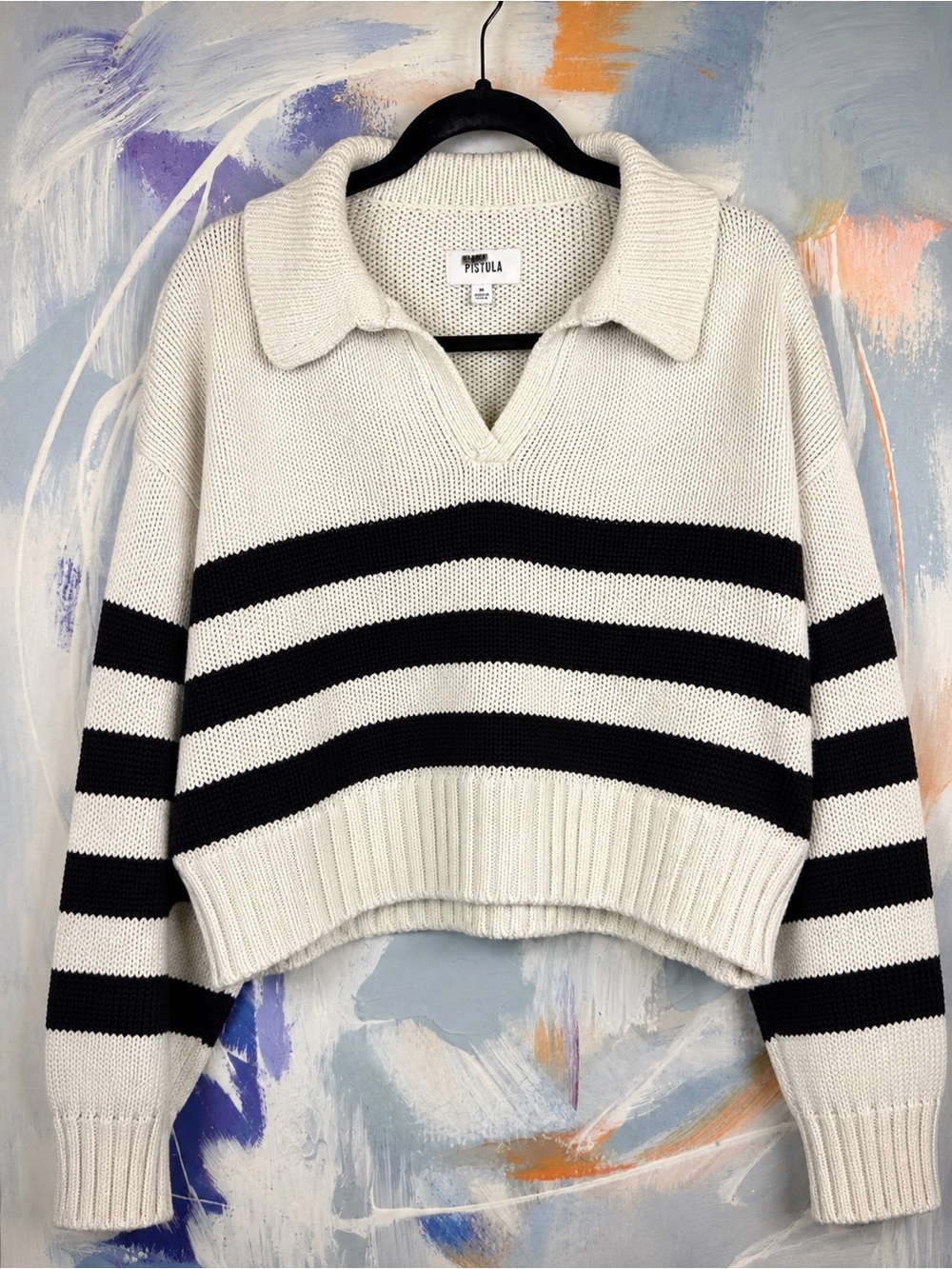 PISTOLA Arlo Striped Collared Sweater Black White 100% Cotton Polo Knit M - Picture 1 of 9